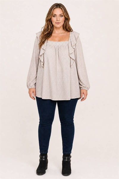 Taupe Waffle Knit Square Neck Ruffle Top