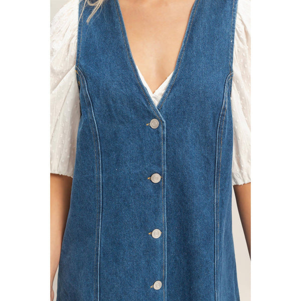 V-Neck Button-Front Denim Dress