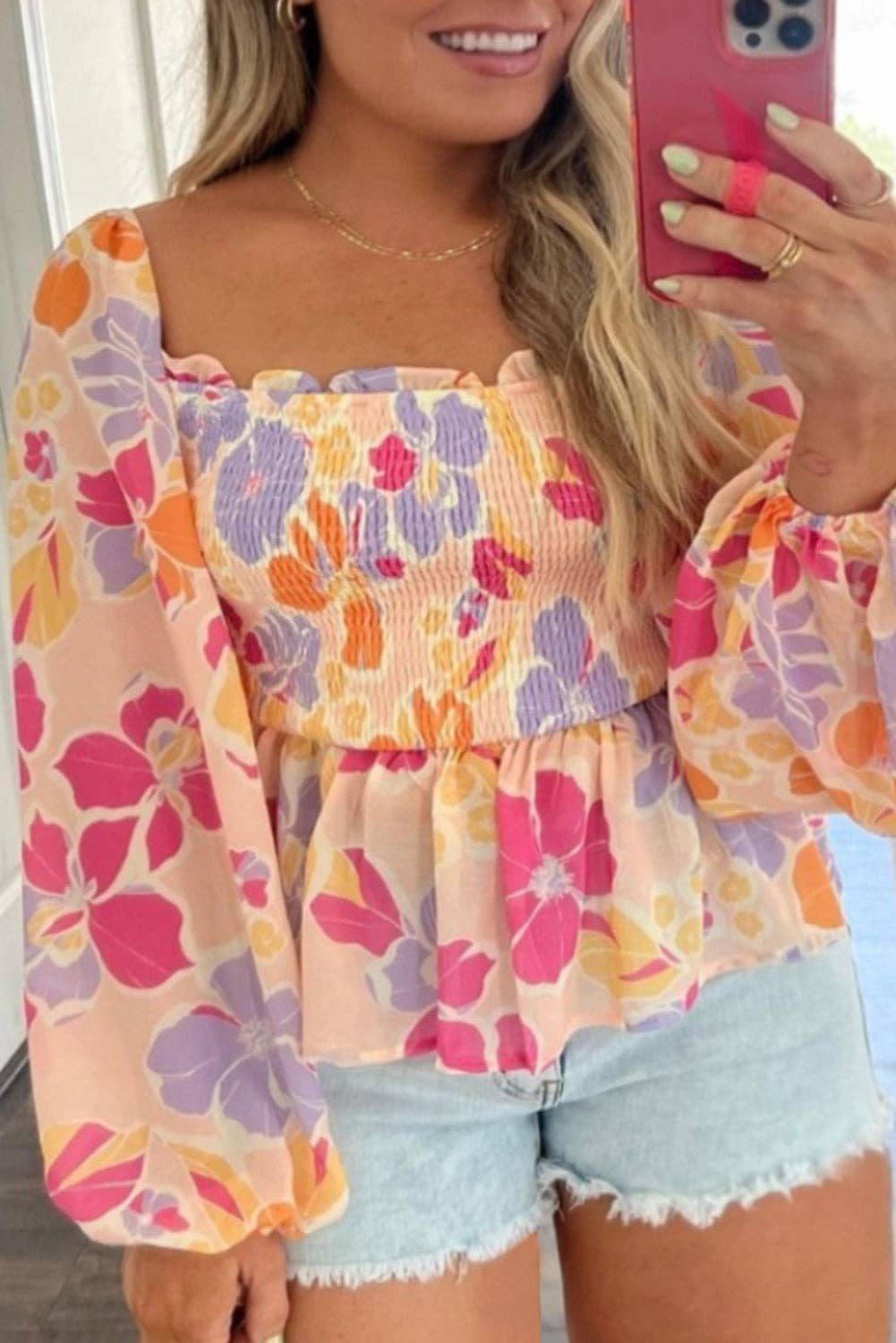 Smocked Floral Puff Peplum*