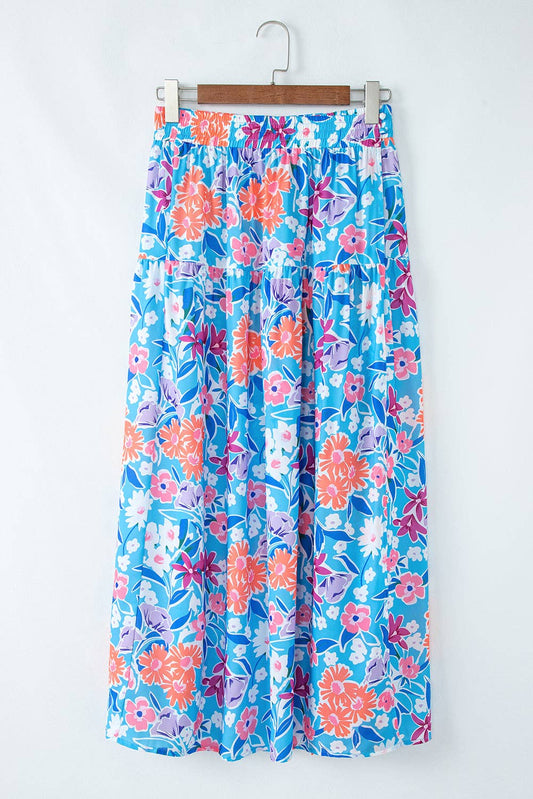 Sky Blue Floral Wrap Maxi Skirt