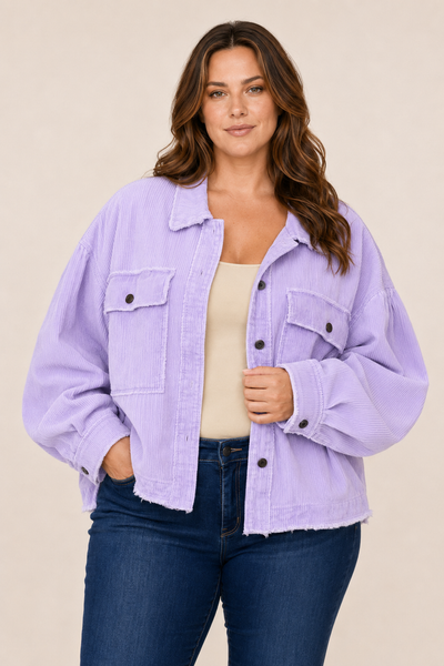 Lavender Raw Hem Oversized Corduroy Jacket