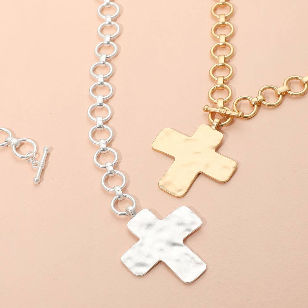 Hammered Cross Pendant Chunky Necklace