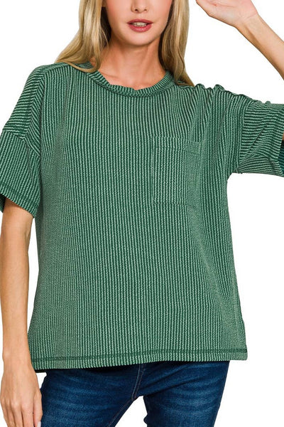 Raised Rib Exposed Seam Short Sleeve Top