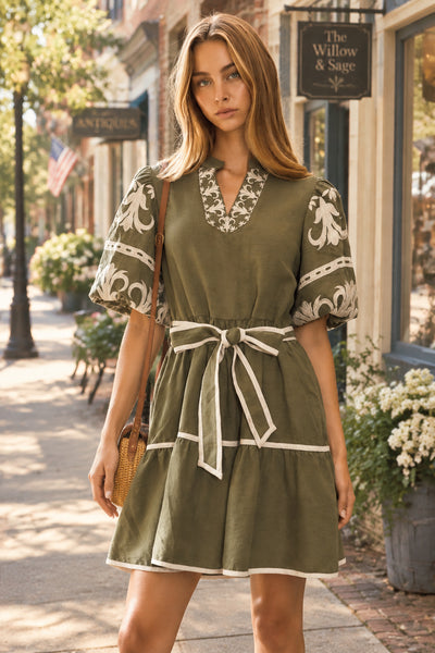 Olive Embroidered Tiered Mini Dress