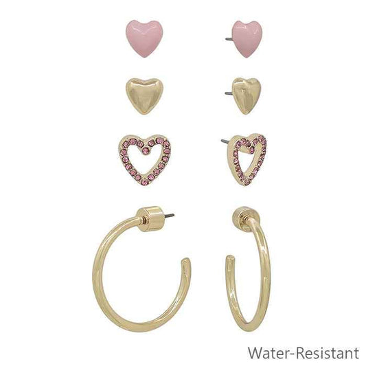 Water Resistant Set of 4 Pink and Gold Heart Stud and .5" Hoop Earrings