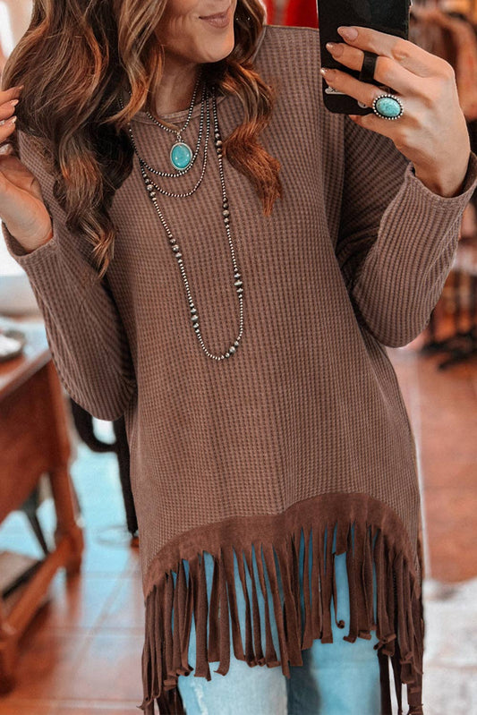 Coffee Suede Fringe Top