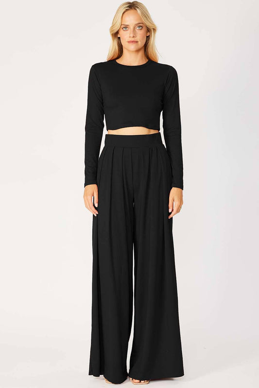 PLEATED WIDE LEG PANTS WITH CROPPED BABY TEE SET