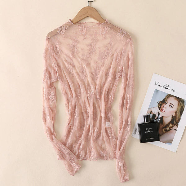 Black Sheer Lace Mesh Long Sleeve Top