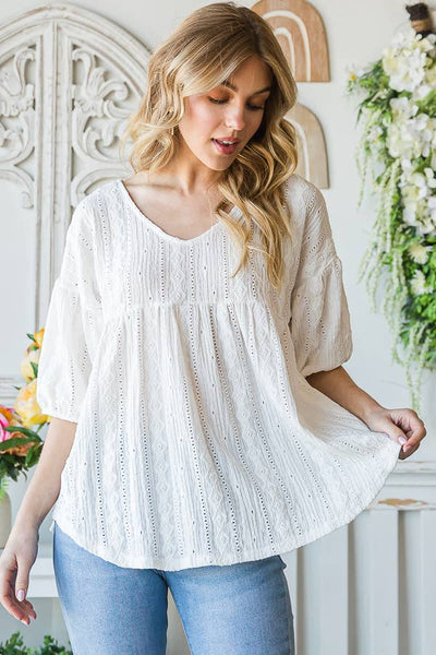 Eyelet Embroidered V-Neck Puff Sleeve Black