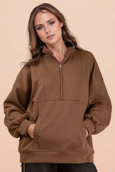 Mocha Half Zip UP Oversized Pull Over