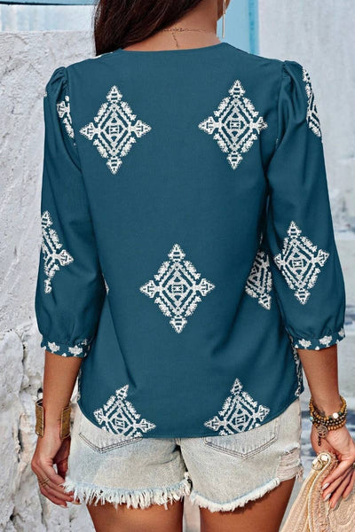 Summer Print 3/4 Sleeve V-Neck Top Pink
