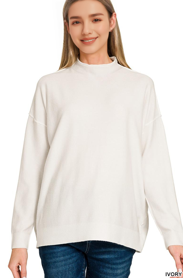 Ivory Mock Neck Exposed Seam Sweater