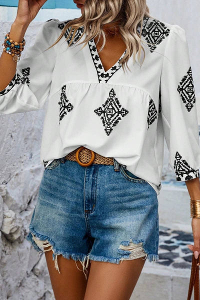 Summer Print 3/4 Sleeve V-Neck Top Pink