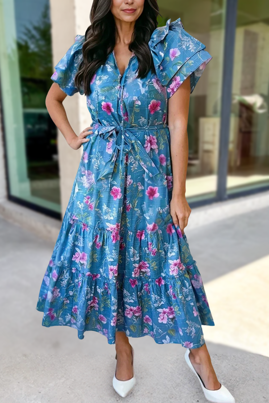 Floral Button Tie Belted Maxi Dress