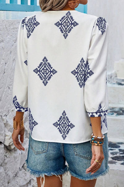 Summer Print 3/4 Sleeve V-Neck Top Pink