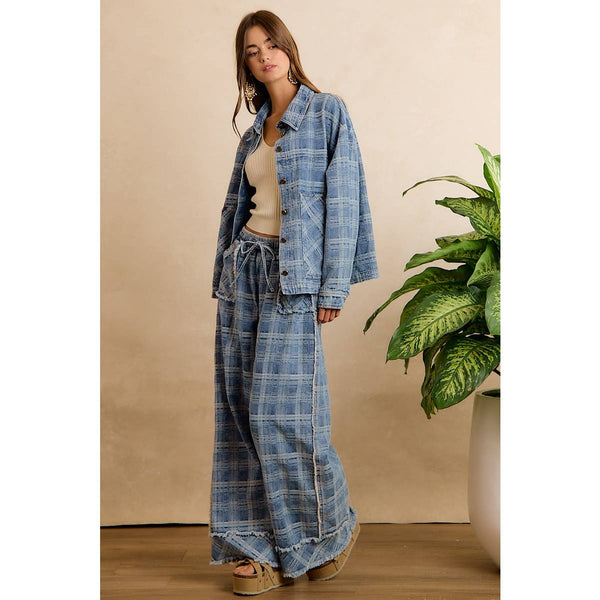Frayed Plaid Wide Leg Jeans W/Pockets