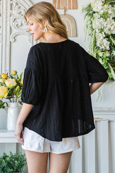 Eyelet Embroidered V-Neck Puff Sleeve Black