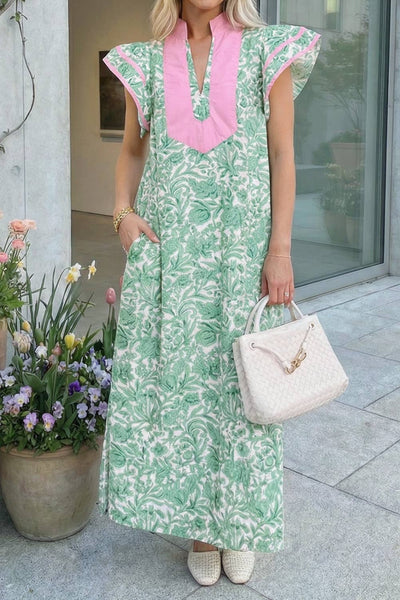 Contrast Trim Flutter Sleeve Floral Dress