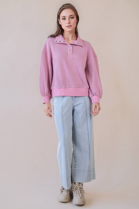 Pink Casual Waffle Knit Top