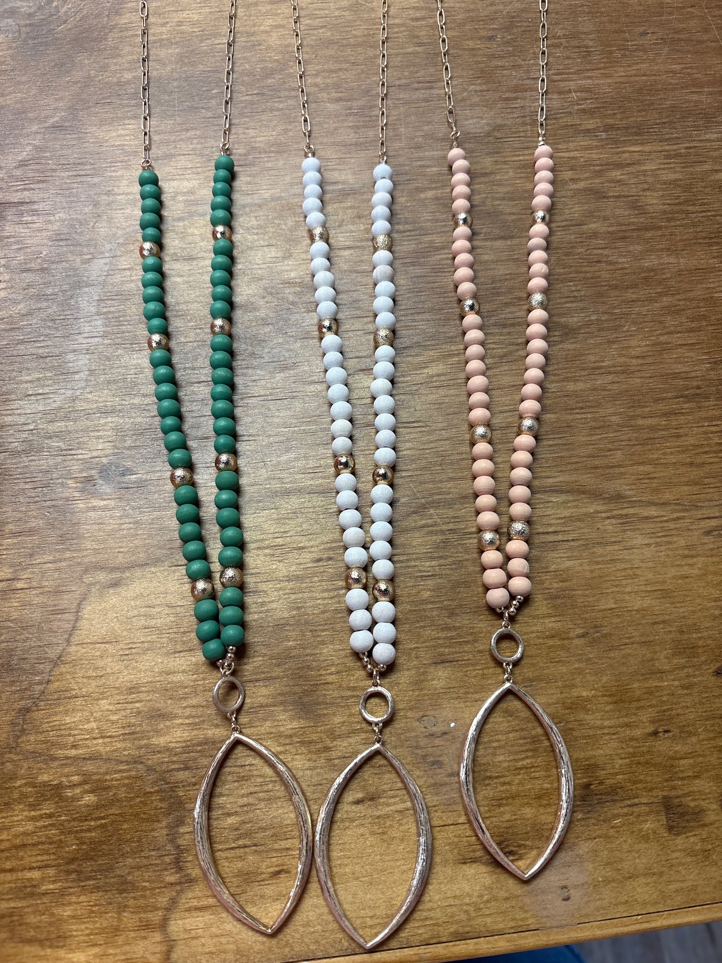 Wooden Bead With Gold Pendant Necklace