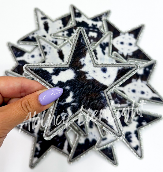 White cow print star glitter patch
