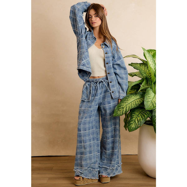 Frayed Plaid Wide Leg Jeans W/Pockets