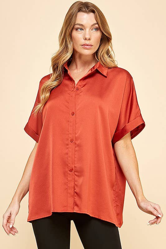 Rust Satin Button Top