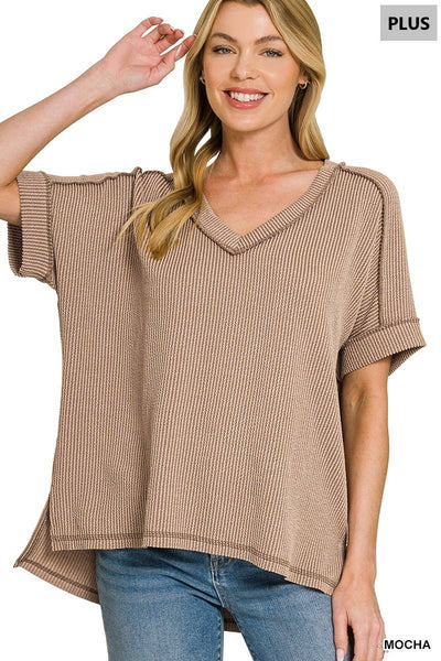Corded Rib Short Sleeve Hi-low V Neck Top