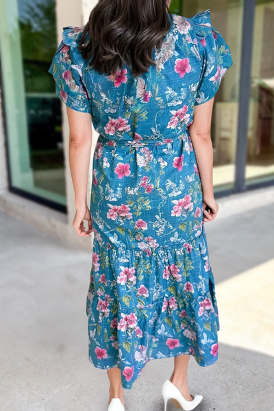 Floral Button Tie Belted Maxi Dress