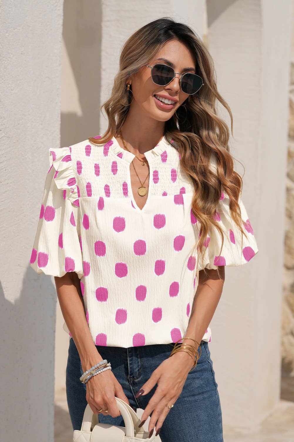 Pink Dot Notched Top
