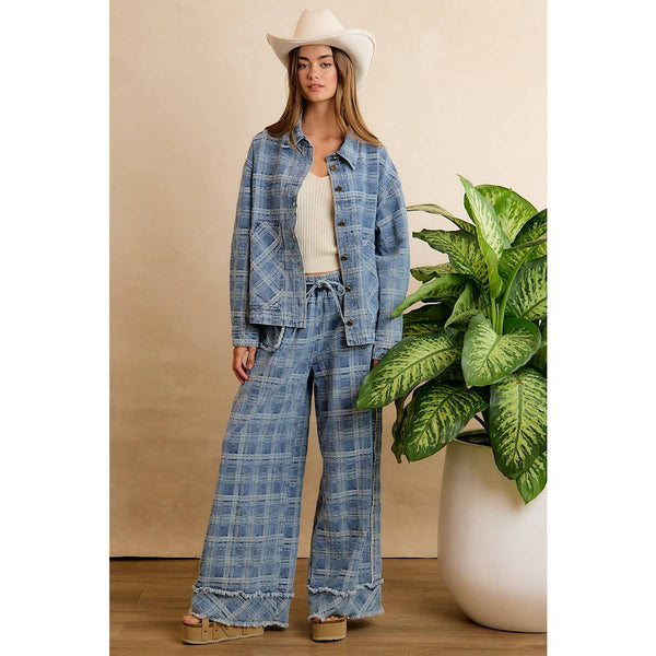 Frayed Plaid Wide Leg Jeans W/Pockets