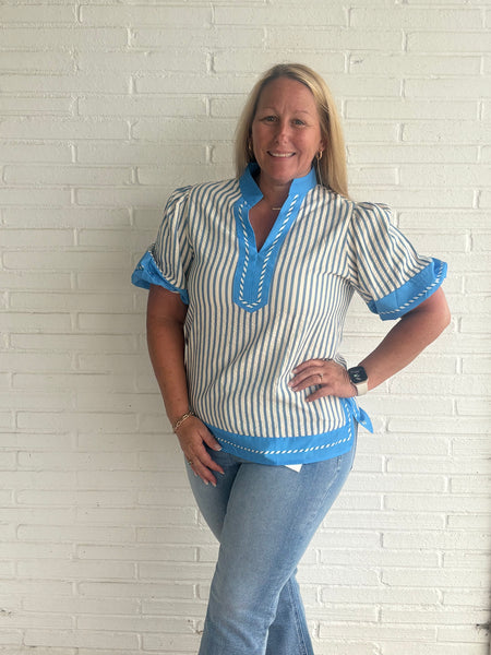 Sky Blue Stripe Contrast Trim V Neck