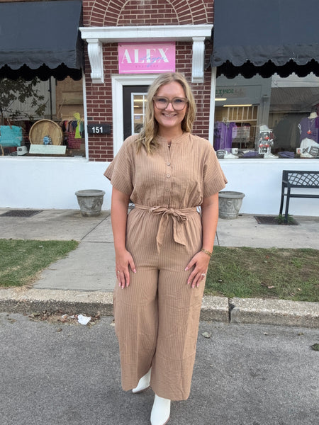 Camel Half Button Down Stripe Linen Jumpsuit