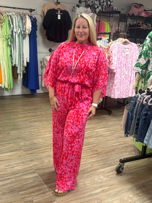 Rose Leopard Belted Wide Leg Jumpsuit