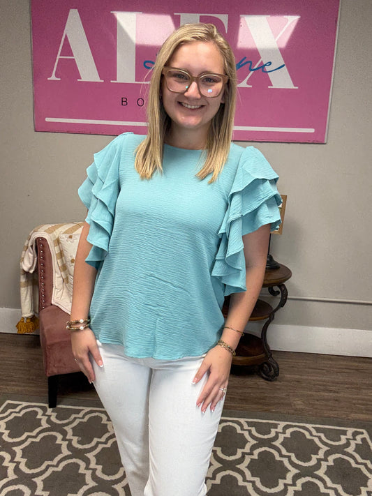 Ruffle Sleeve Top Dusty Teal