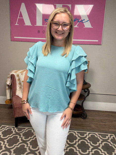 Ruffle Sleeve Top Dusty Teal