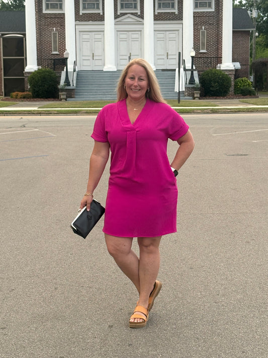 Magenta Solid V-neck Dress