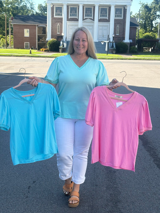 V Neck Puff Sleeve Lightweight Top