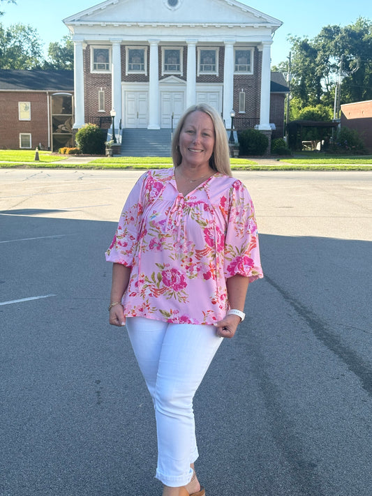 Pink Floral Print Tie Neck Puffy Blouse