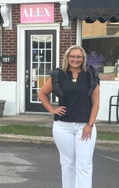 Ruffle Sleeve Stich Detail Game Day Top Black