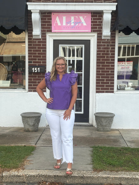 Ruffle Sleeve Stich Detail Game Day Top Purple