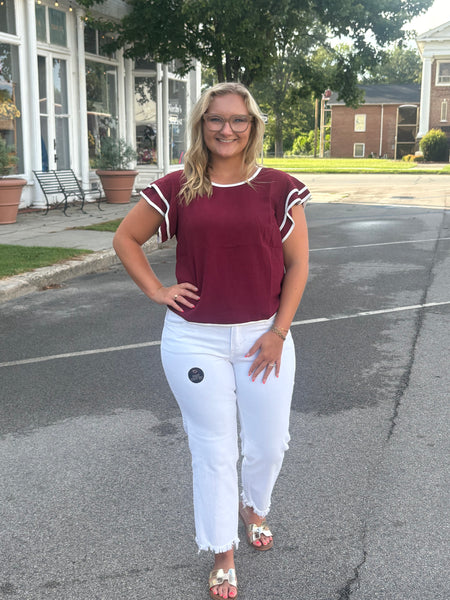 Game Day Ruffle Sleeve Contrast Piping Top Garnet