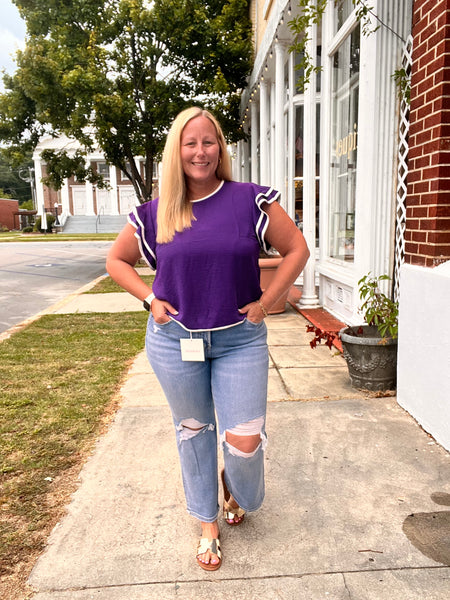 Game Day Ruffle Sleeve Contrast Piping Top Purple