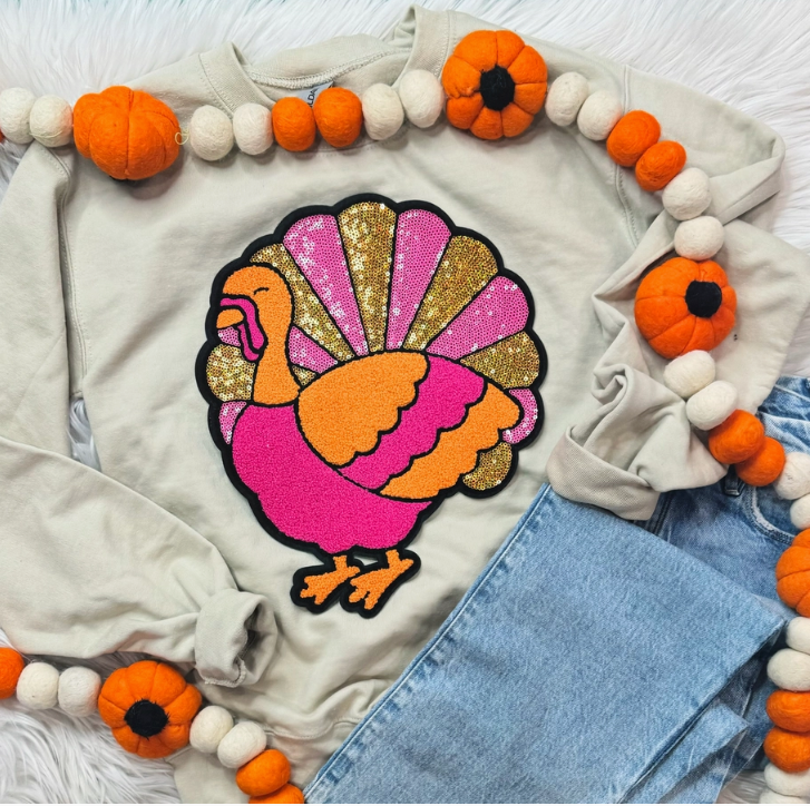Sequins Chenille Turkey Crew- Sand
