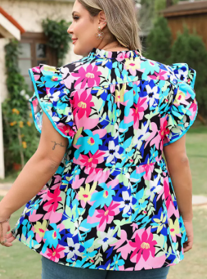Blue Floral Flutter Top