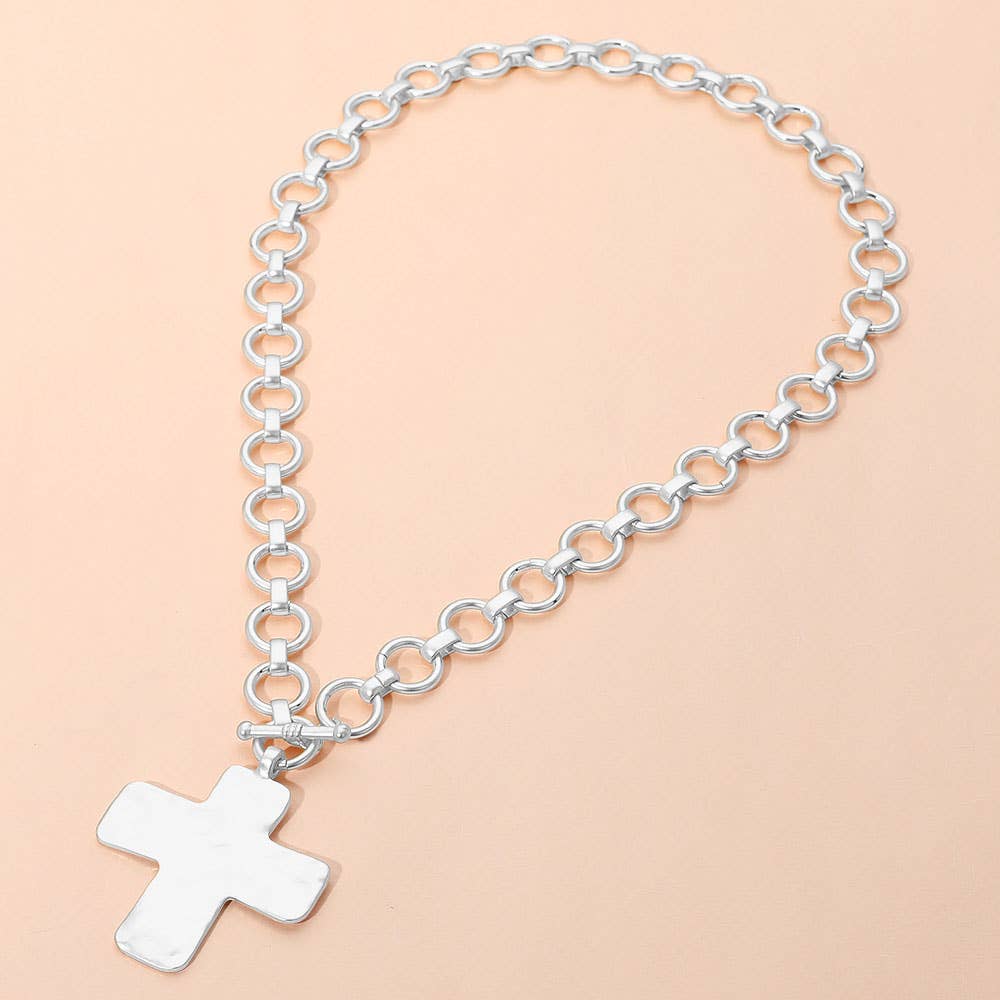 Hammered Cross Pendant Chunky Necklace