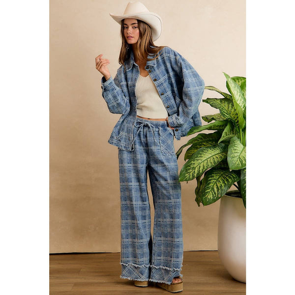 Frayed Plaid Wide Leg Jeans W/Pockets
