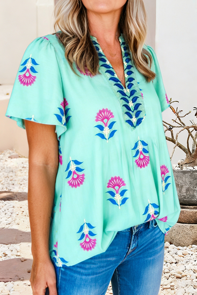 Green Floral V Neck Flutter Sleeve Blouse