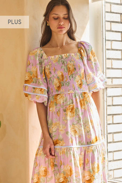 Smocked Floral Printed Maxi Dress