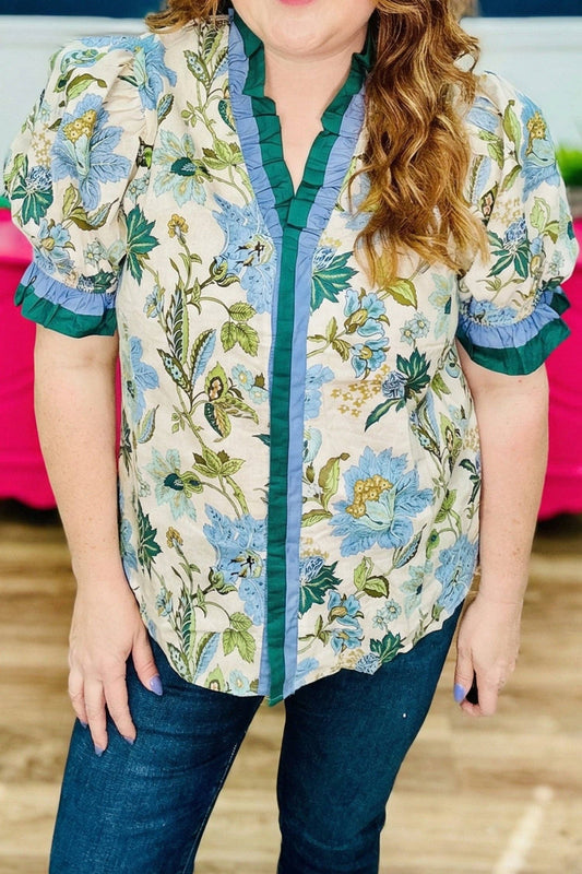 Blue Vneck Floral Blouse